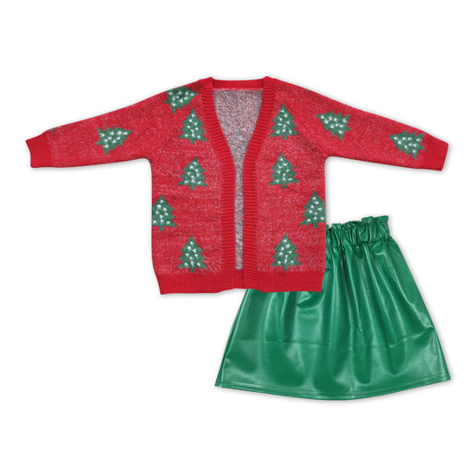 Christmas tree sweater cardigan green pu leather skirt outfit