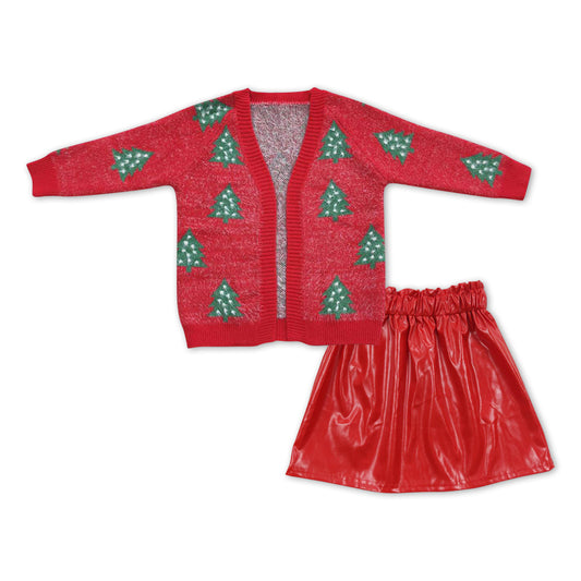 Christmas tree sweater cardigan red pu leather skirt outfit