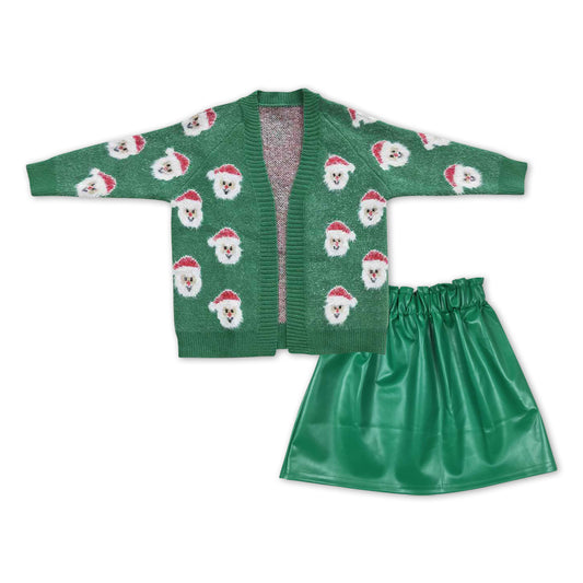 Christmas santa sweater cardigan green pu leather skirt outfit