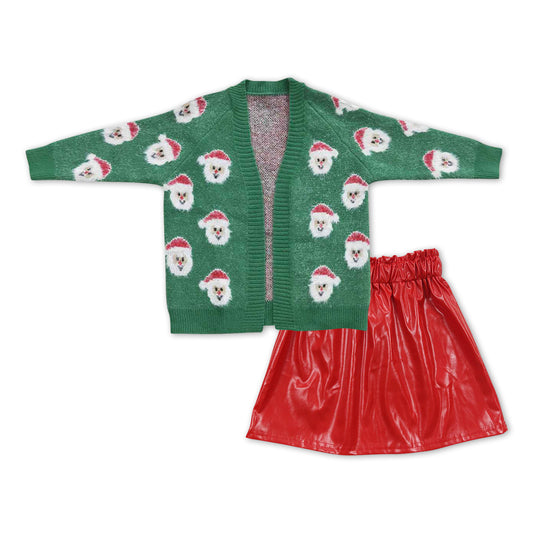 Christmas santa sweater cardigan red pu leather skirt outfit