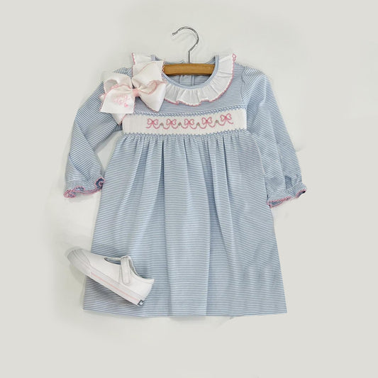 blue stripes baby girls long sleeve dress preorder