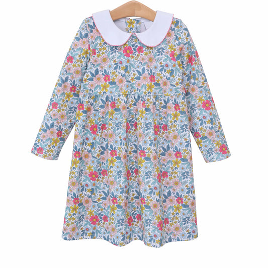 blue pink floral long sleeve spring fall dress preorder