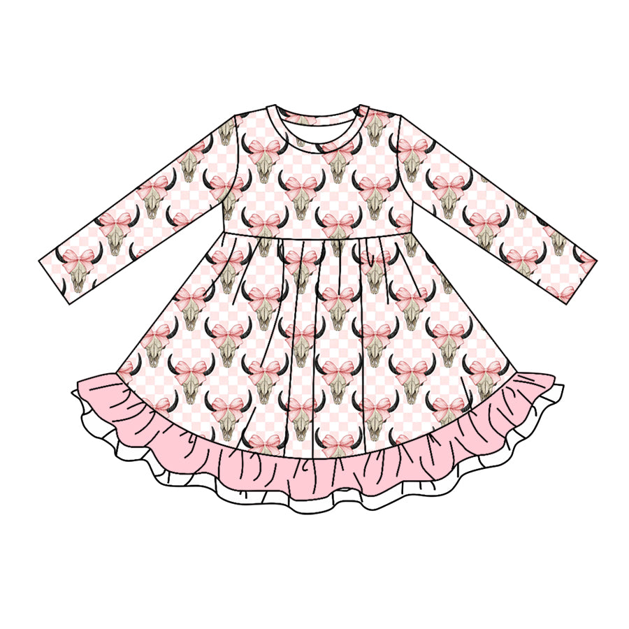 wholesale kids girls long sleeve pink checkered highland cow dress preorder