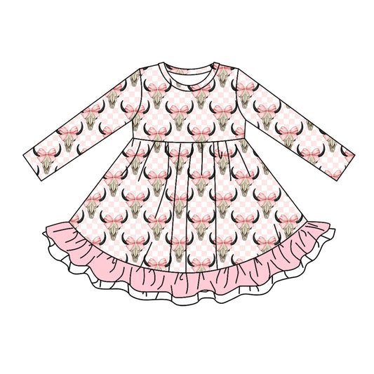 wholesale kids girls long sleeve pink checkered highland cow dress preorder