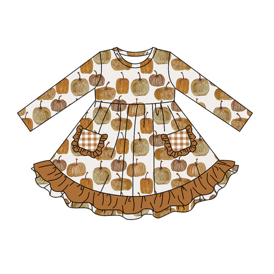 girls wholesale long sleeve pumpkin pocket dress preorder