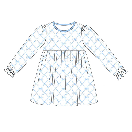 infant baby girls blue bow fall winter dress preorder