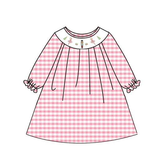 Christmas soldier pink plaid long sleeve smocked dress preorder