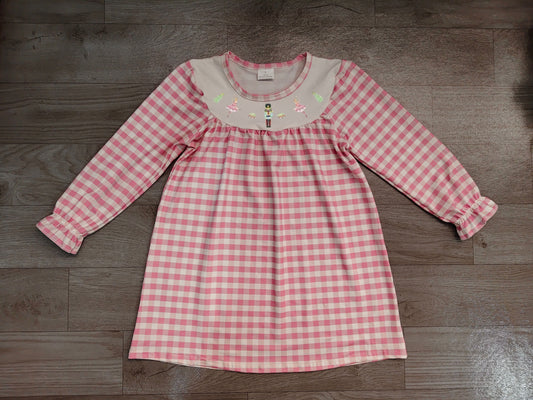 Christmas soldier pink plaid long sleeve embroidery dress preorder