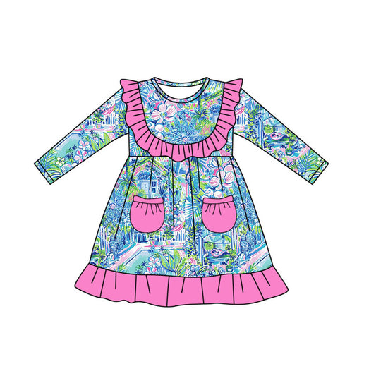 baby girls green blue plant print boutique pocket dress preorder
