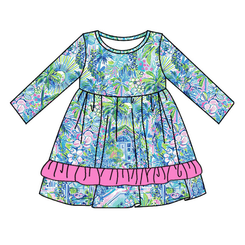 baby girls green blue plant print boutique dress preorder