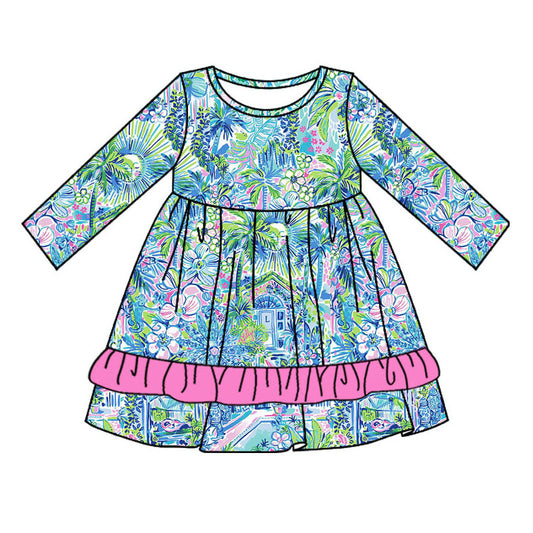 baby girls green blue plant print boutique dress preorder