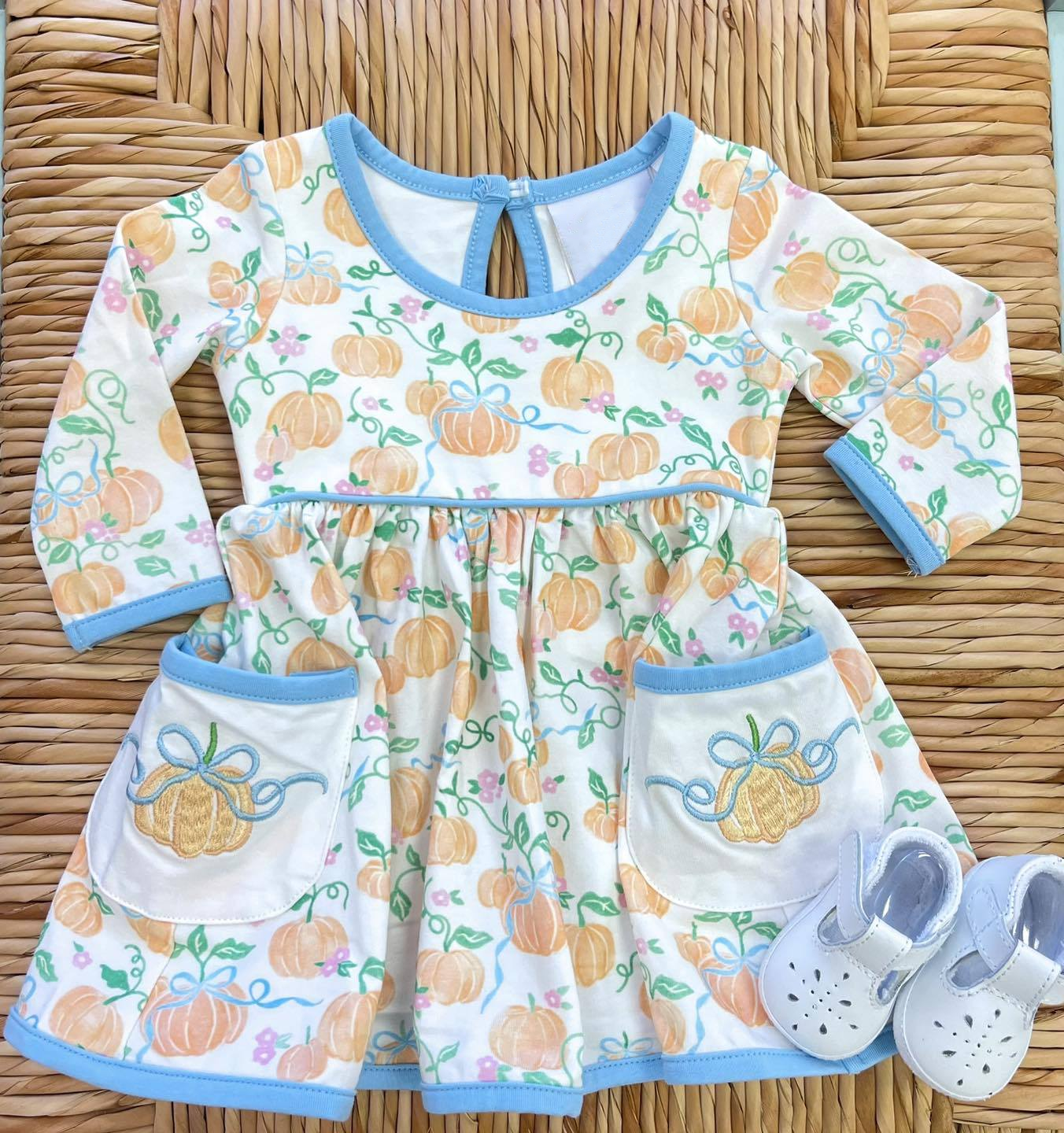 wholesale kids girls fall pumpkin pocket dress preorder