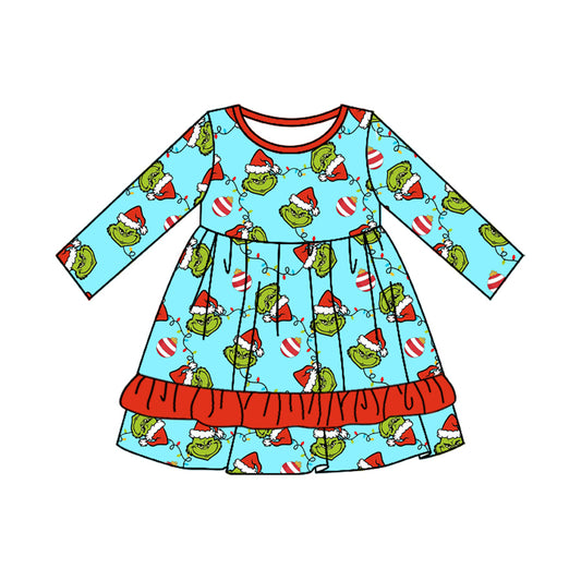 wholesale kids girls christmas light green face long sleeve dress preorder