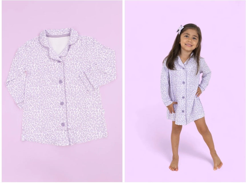 infant baby girls lavender cheetah buttton down gown dress preorder