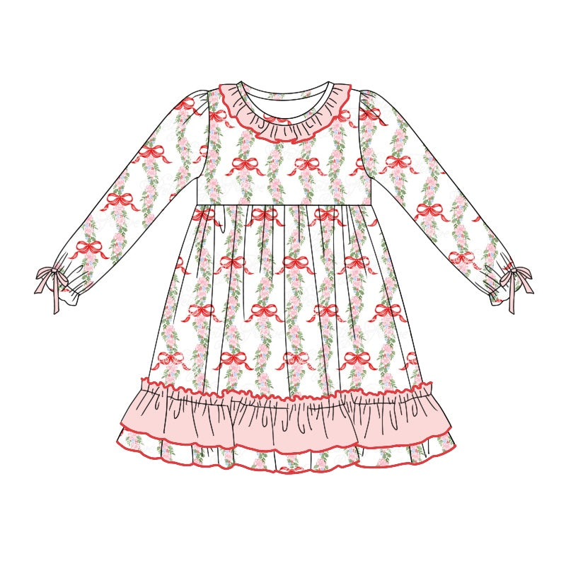 christmas bow flower print long sleeve dress preorder