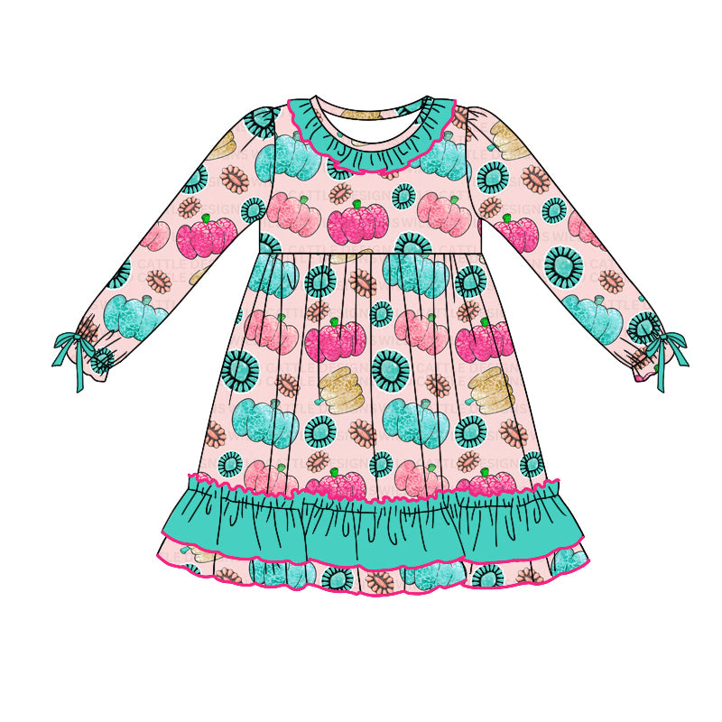 Colorful pumpkin turquoise long sleeve dress preorder