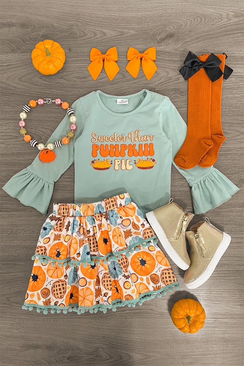 Wholesale girls fall pumpkin top matching skirt clothes preorder