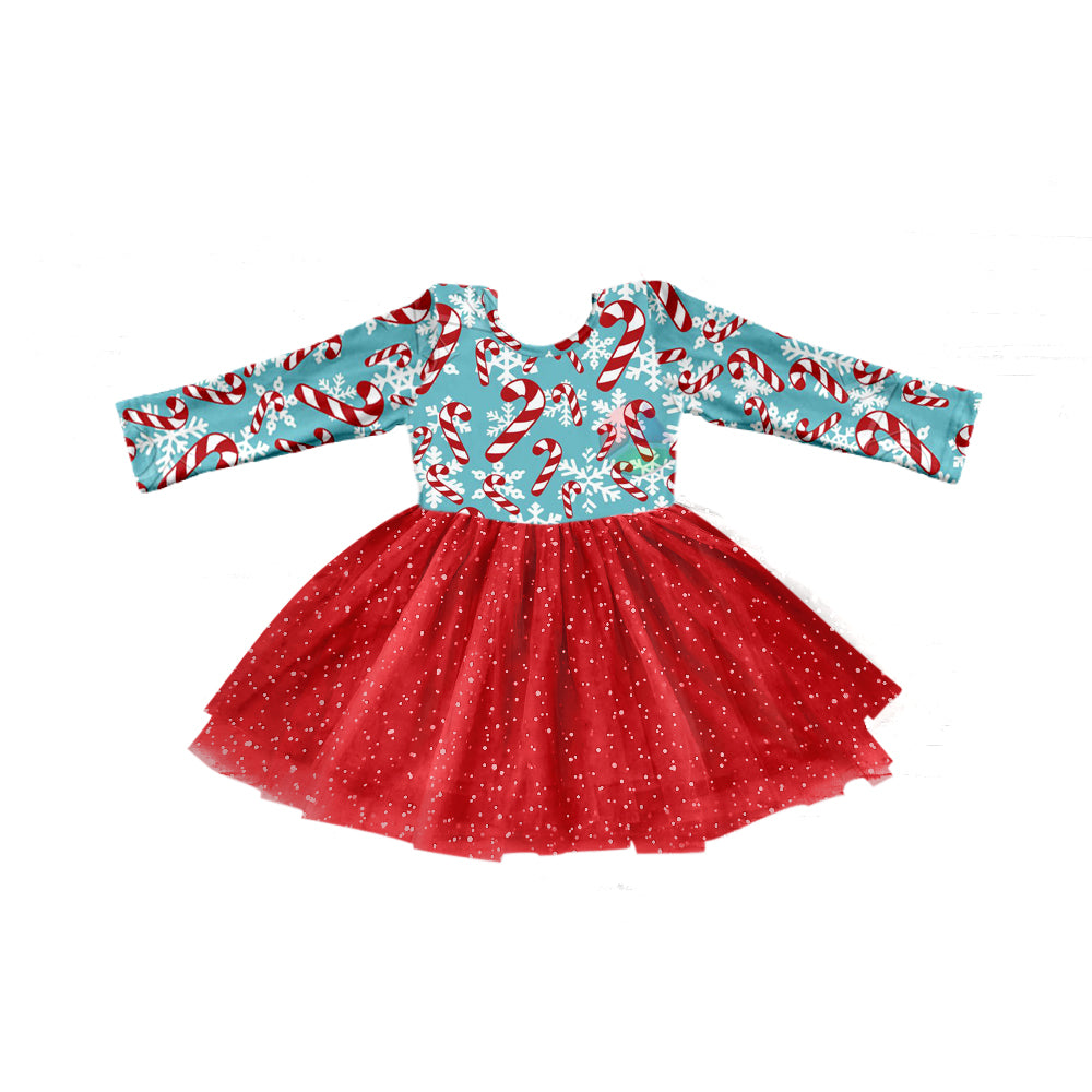 Wholesale kids girls Christmas candy cane red tulle dress fall season dress preorder