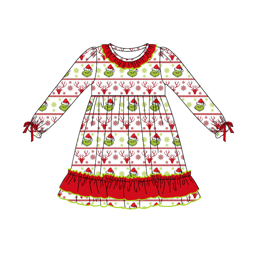 Toddle baby girl Christmas reindeer green face dress preorder