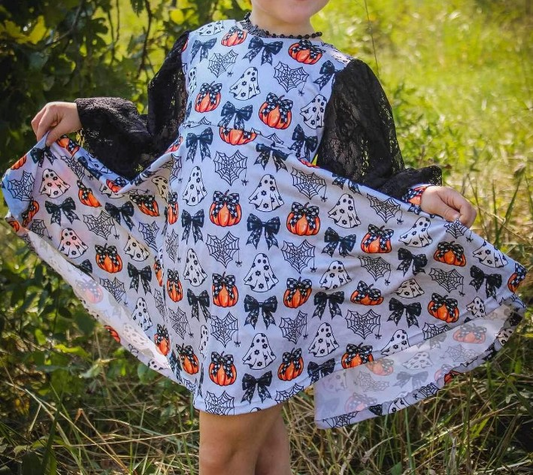 Halloween pumpkin ghost black bow long sleeve dress preorder