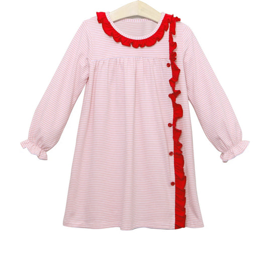 baby girl Christmas pink stripes red ruffle long sleeve dress preorder