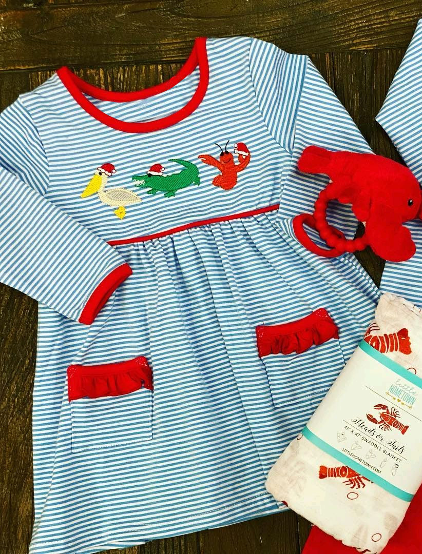 Infant baby girls Christmas design blue stripes dress preorder