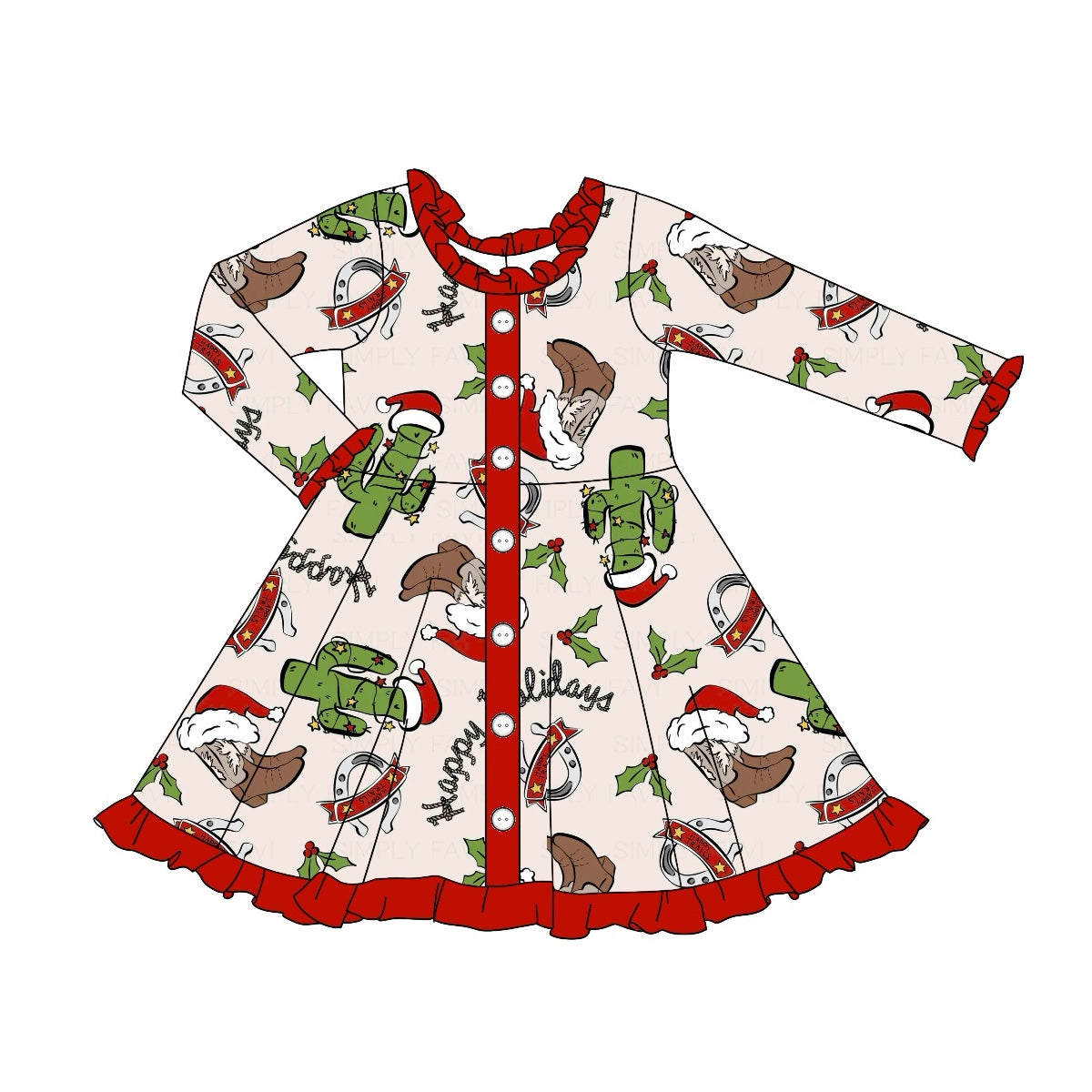 Christmas Western Happy Holiday Long Sleeve Dress Preorder