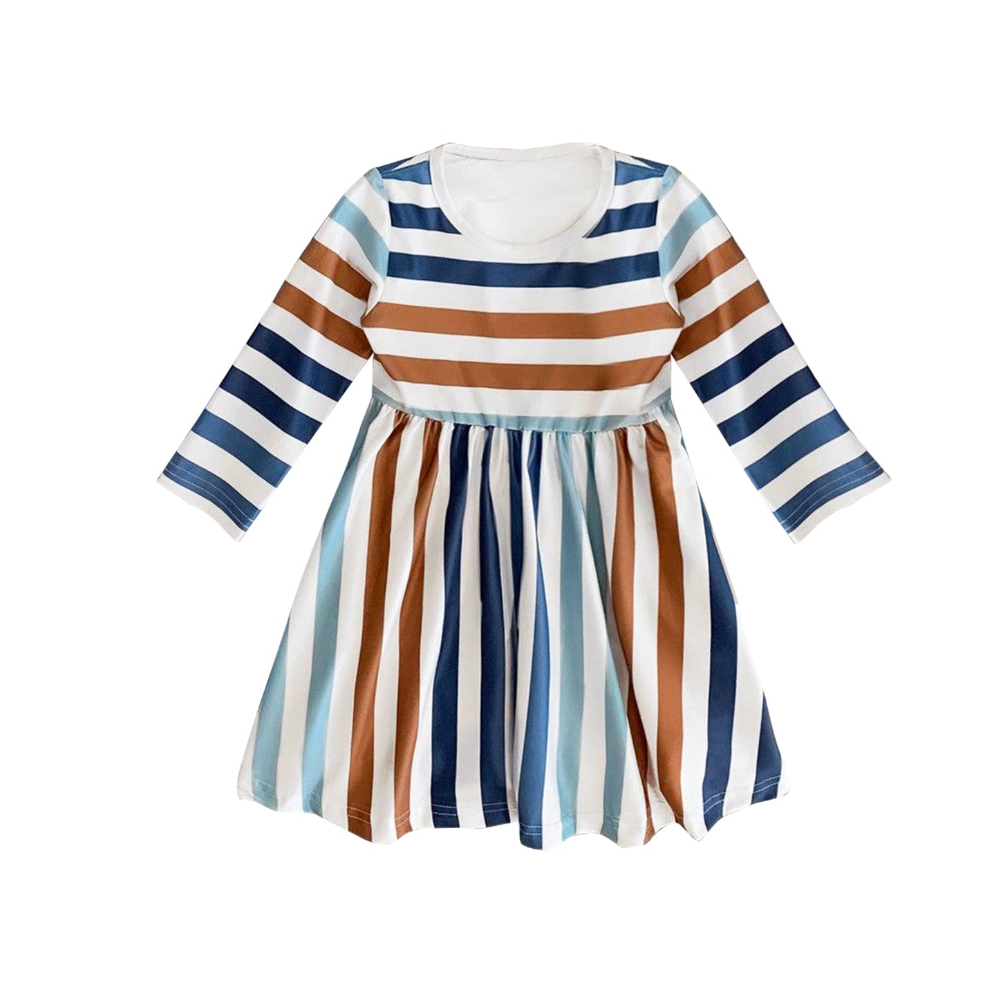 Blue brown stripes girls long sleeve dress preorder