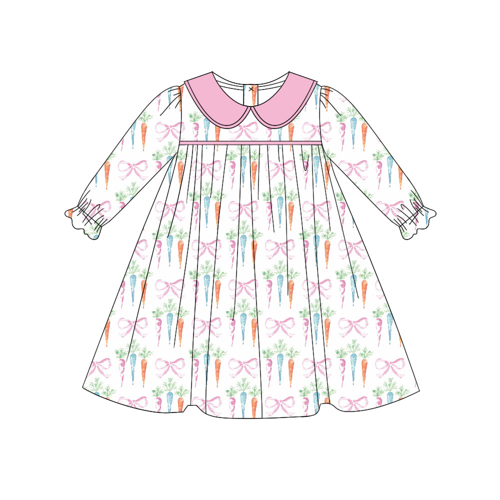 Easter carrot pink bow girls long sleeve dress preorder
