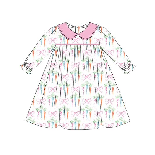 Easter carrot pink bow girls long sleeve dress preorder