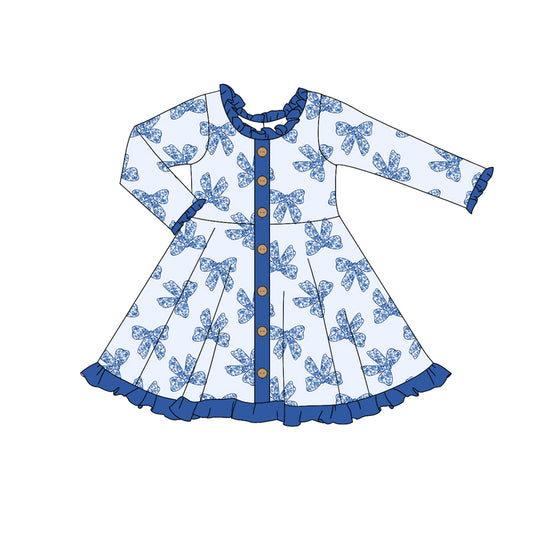 Baby girls blue bow long sleeve fall winter dress preorder