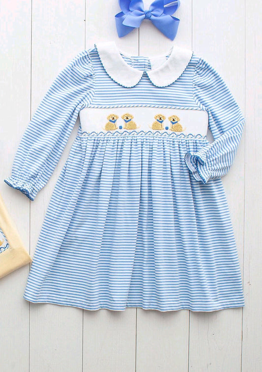 Blue stripes cute puppy dog girl dress preorder