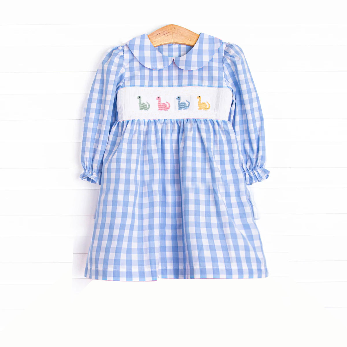Toddle girls dinosaur smocked blue plaid long sleeve dress preorder