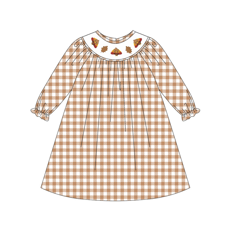 Thanksgiving turkey khaki plaid girls smocked dress preorder