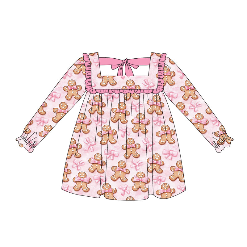 Christmas gingerbread  Pink bow girls long sleeve dress preorder