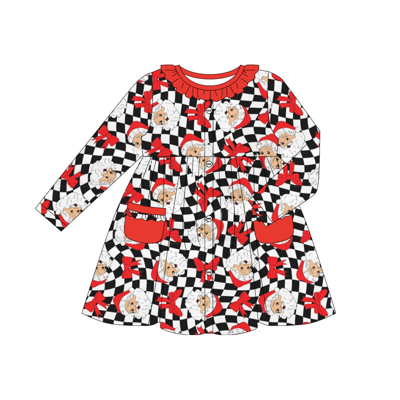 Christmas Santa black checkered red bow long sleeve dress preorder