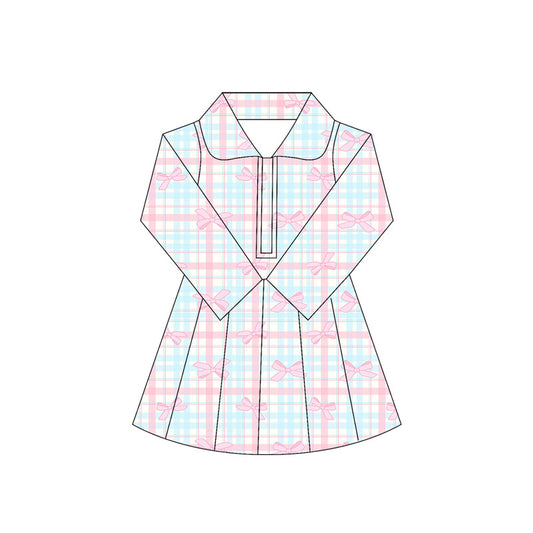 Baby girls blue plaid pink bow active wear athletic yoga  dress preorder