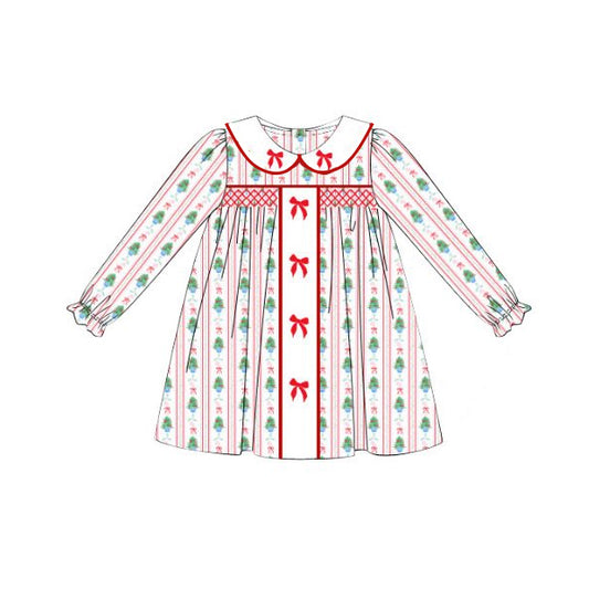 Baby girls Christmas tree red bow long sleeve dress preorder