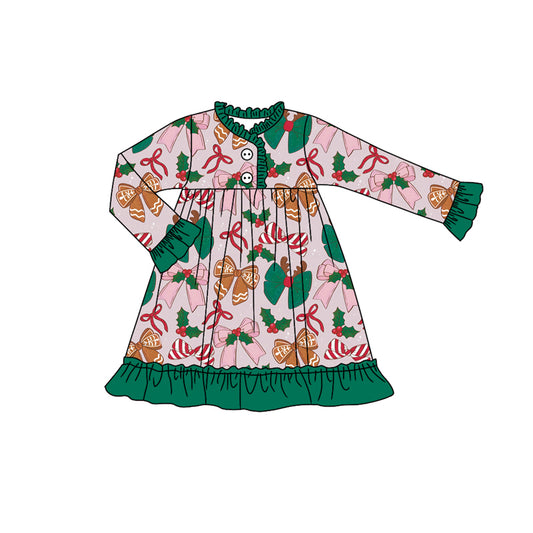 Baby girls Christmas green red bow holly berry long sleeve dress preorder