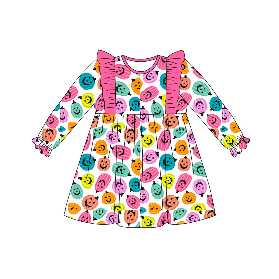Colorful Halloween pumpkins girls long sleeve dress preorder