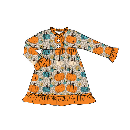 Fall leopard pumpkins baby girls long sleeve gown dress preorder