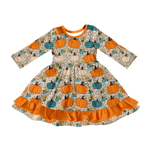 Fall leopard pumpkins baby girls long sleeve dress preorder