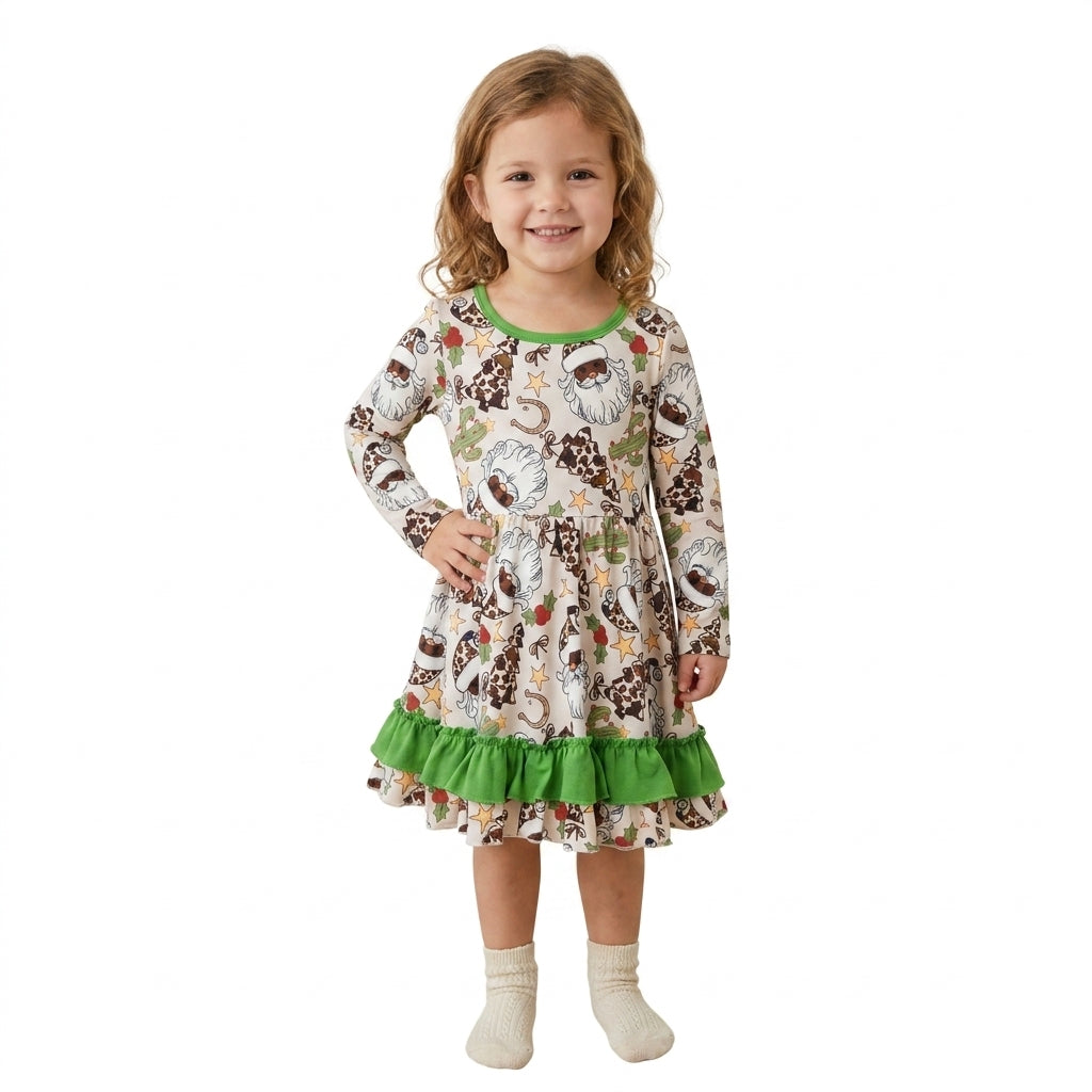 Western Christmas Santa girls long sleeve boutique dress
