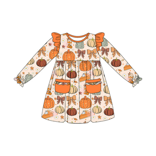 Fall pumpkin bow girls long sleeve boutique dress preorder