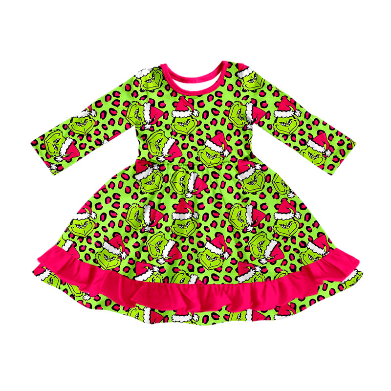Toddle girls Christmas green face design ruffle dress preorder