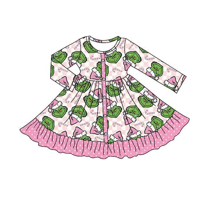 Christmas green face design girls long sleeve dress preorder