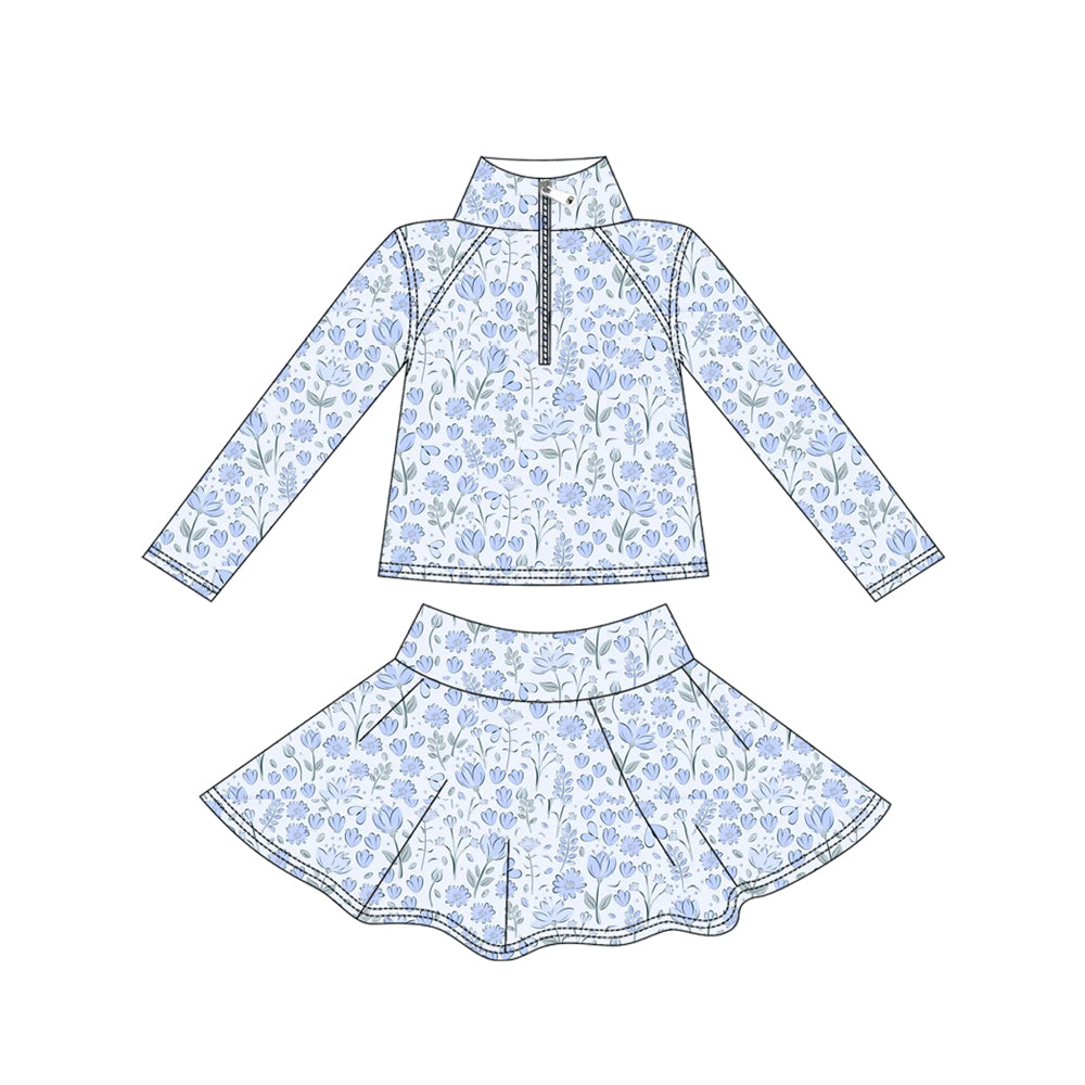 Blue floral yoga pullover top matching skorts girls outfit preorder