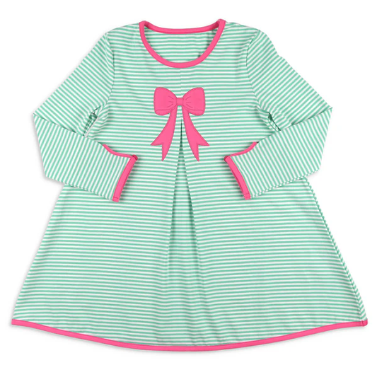 Green stripes pink bow baby girl long sleeve dress preorder