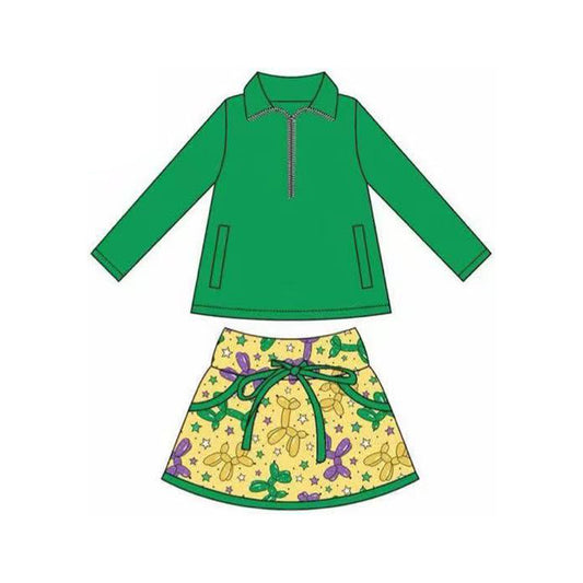 Green pullover matching skirt Mardi Gras long sleeve outfit preorder