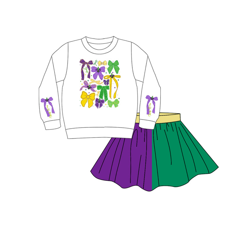 Kids mardi gras bow shirt matching skirt design outfit preorder